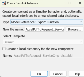 Create Simulink behavior dialog box.