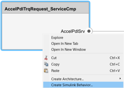 Right-click menu for the AccelPdlTrqRequest_ServiceCmp software component with the Create Simulink Behavior option selected.