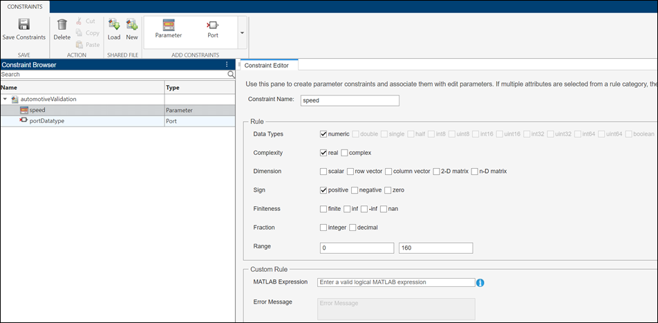 standalone constraint manager showing parameter and port constraint