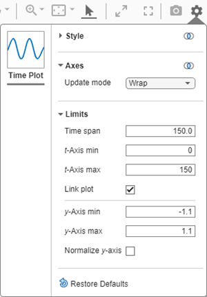 The visualization settings user interface for a time plot