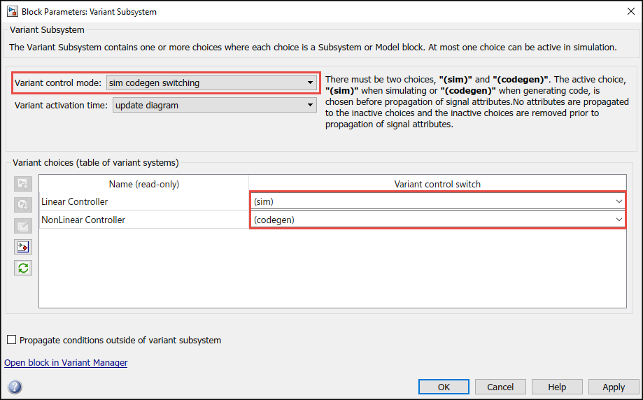 Variant Subsystem block parameter dialog box with Variant control mode set to sim codegen switching