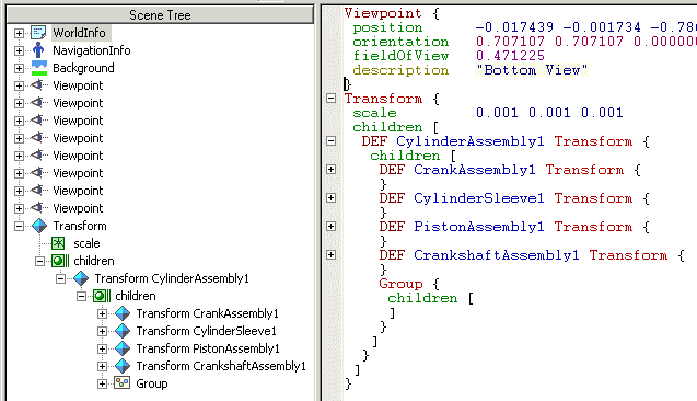 VRML model scene tree view with WorldInfo highligted.