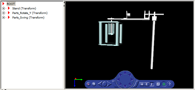 3D world editor displaying rotating pendulum with flat structure.