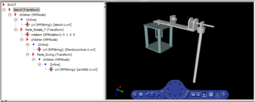 3D world editor displaying rotating pendulum on right side and nested structure on left side.