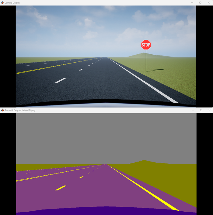 The Camera Display window shows a stop sign, but the Semantic Segmentation Display window does not show the stop sign