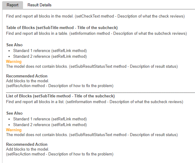 Model Advisor check output when the check warns