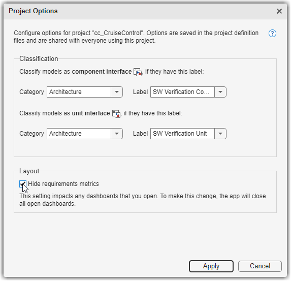 Mouse selecting Hide requirements metrics checkbox