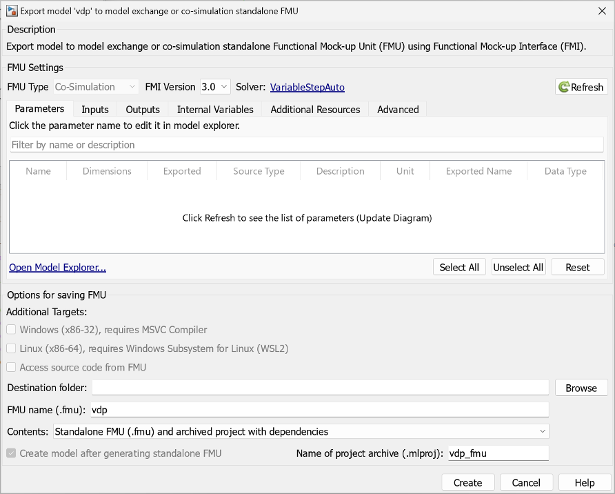 FMU export dialog box