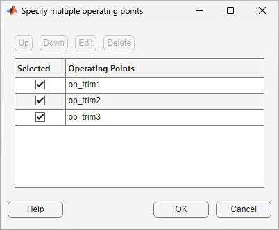 Specify multiple operating points dialog box with all three models in the table selected in the leftmost column.