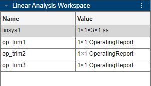 Linear Analysis Workspace section showing linsys1, which is a 1-by-1-by-3-by-1 stat-space model array.