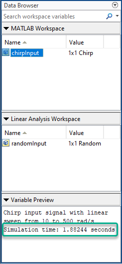 Input signal selected in the MATLAB Workspace section at the top of the Model Linearizer data browser. The simulation time is highlighted in the Variable Preview section at the bottom of the data browser.