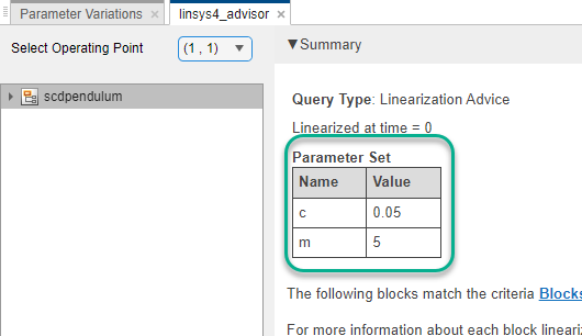 Advisor document with a two-column table of parameter values for the operating point. The first column indicates the parameter names and the second column contains the parameter values.