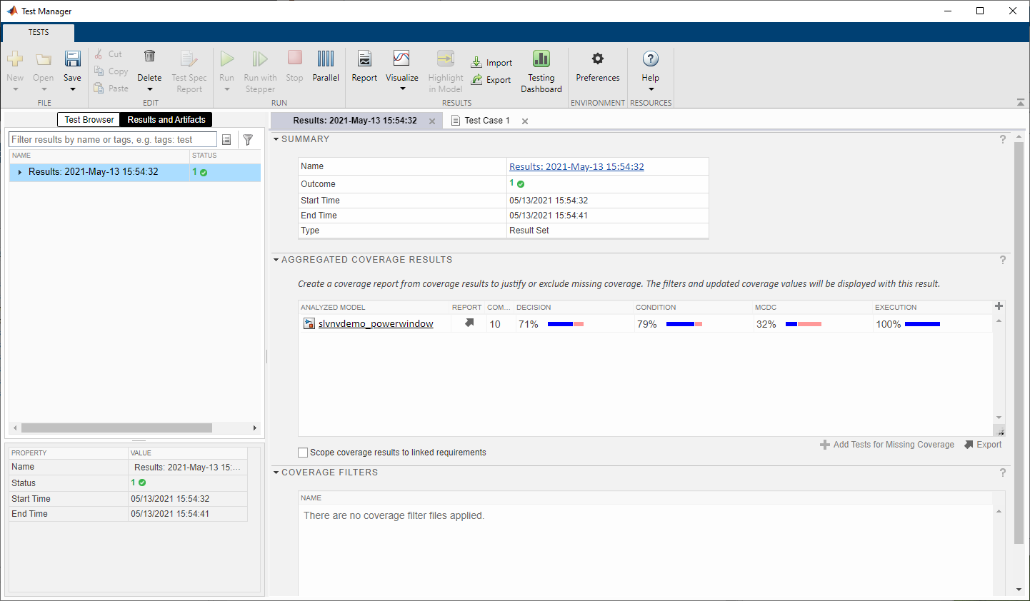 Test Manager showing results for test case 1. Coverage reported is: 71% decision, 79% condition, 32% MCDC, and 100% execution.