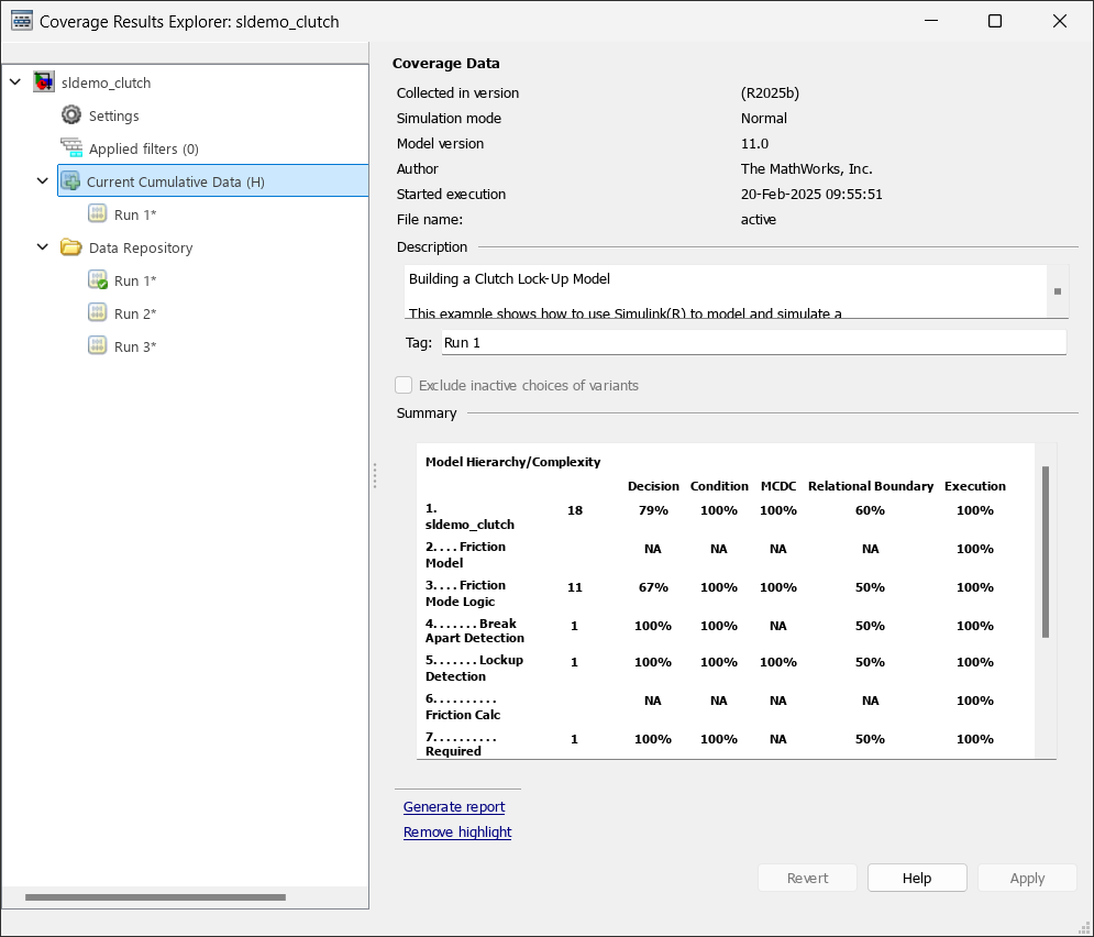 Current Cumulative Data view of the Coverage Results Explorer for the clutch model.