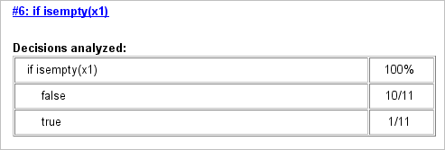 Coverage results for if isempty(x1) reports 100% decision coverage. The decision is true for 1 out of 11 time steps, and false for 10 out of 11 time steps.