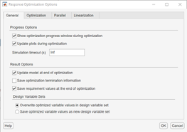 Response Optimization Options dialog box, showing the General tab. The dialog box also includes Optimization, Parallel, and Linearization tabs.