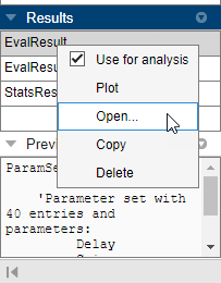 Open is selected in the drop-down list on right-clicking EvalResult in the Results area