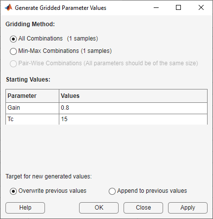 Generate Gridded Parameter Values dialog box with Gridding Method and Starting Values specified