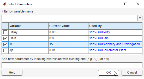 Select Parameters dialog box with Gain and Tc parameters selected