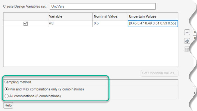 The required sampling method is selected in the Sampling method section in the Create Uncertain Variables Set dialog box