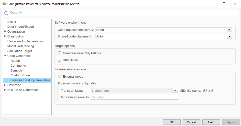 These settings appear in the Simulink Desktop Real-Time options tab of the configuration parameters dialog box.