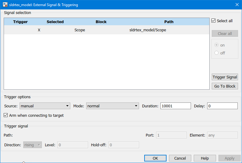 Use the external signal and triggering window to apply these settings.