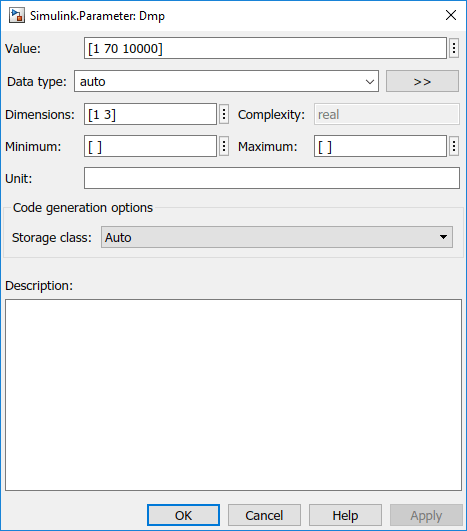 Apply these setting for Dmp in the Simulink Parameter dialog box.
