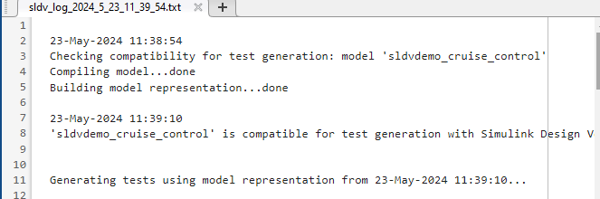 Log file generated after Simulink Design Verifier analysis.