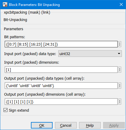 Configure the block by using the Bit Unpacking block parameters dialog box.