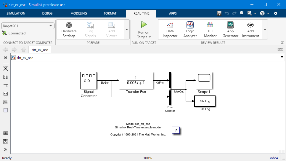 The Simulink Real-Time app configures the model for Simulink Real-Time.