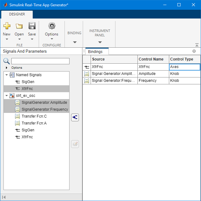 Configure App Generator controls for the slrt_ex_osc model.