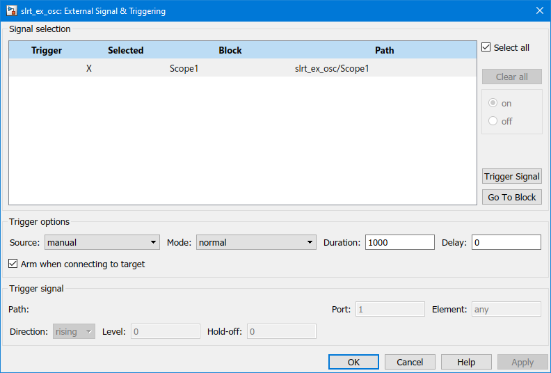 Use the External Signal & Triggering dialog box to configure the simulation.