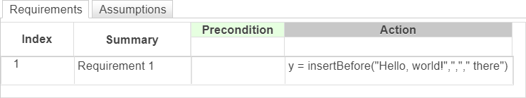 This example shows a requirement that inserts the substring " there" before the substring "," in the string "Hello, world!".