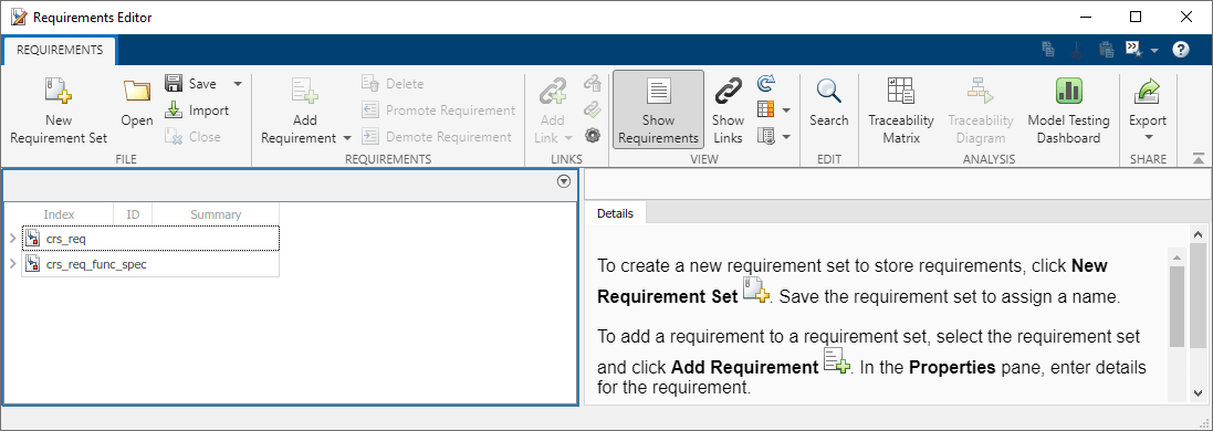 This image shows the Requirements Editor. The editor contains two requirement sets.