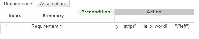 This example shows a requirement that deletes only the leading space characters in the string " Hello, world! ".