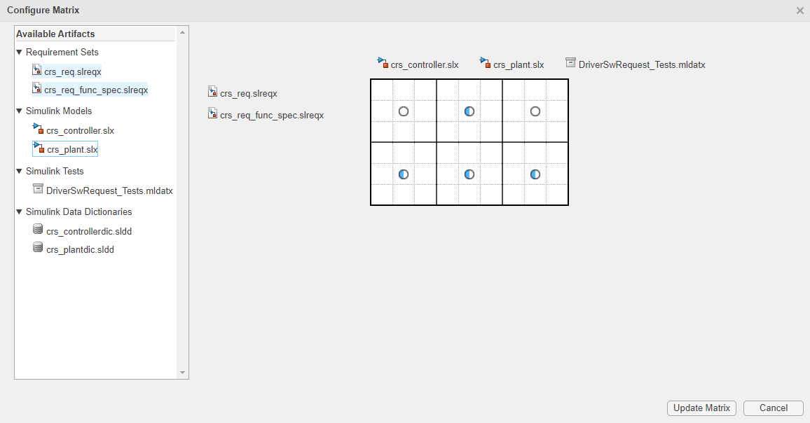 Configure Matrix window, which includes the Available Artifacts pane on the left and a preview of the matrix in the right pane