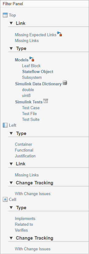 Default view of the filter panel, with sections to apply filters to the top artifacts, left artifacts, or the cells. Each section has sub-sections that appear based on the context of the items and artifacts in the matrix.