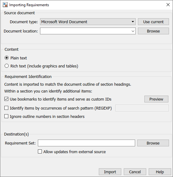 This image shows the Importing Requirements window. It shows what the Allow updates from external source property looks like when it is cleared. The property is shown at the bottom of the window.