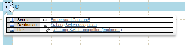 Link information displayed when you click on a link. The information box includes the link source, destination, summary, and type.