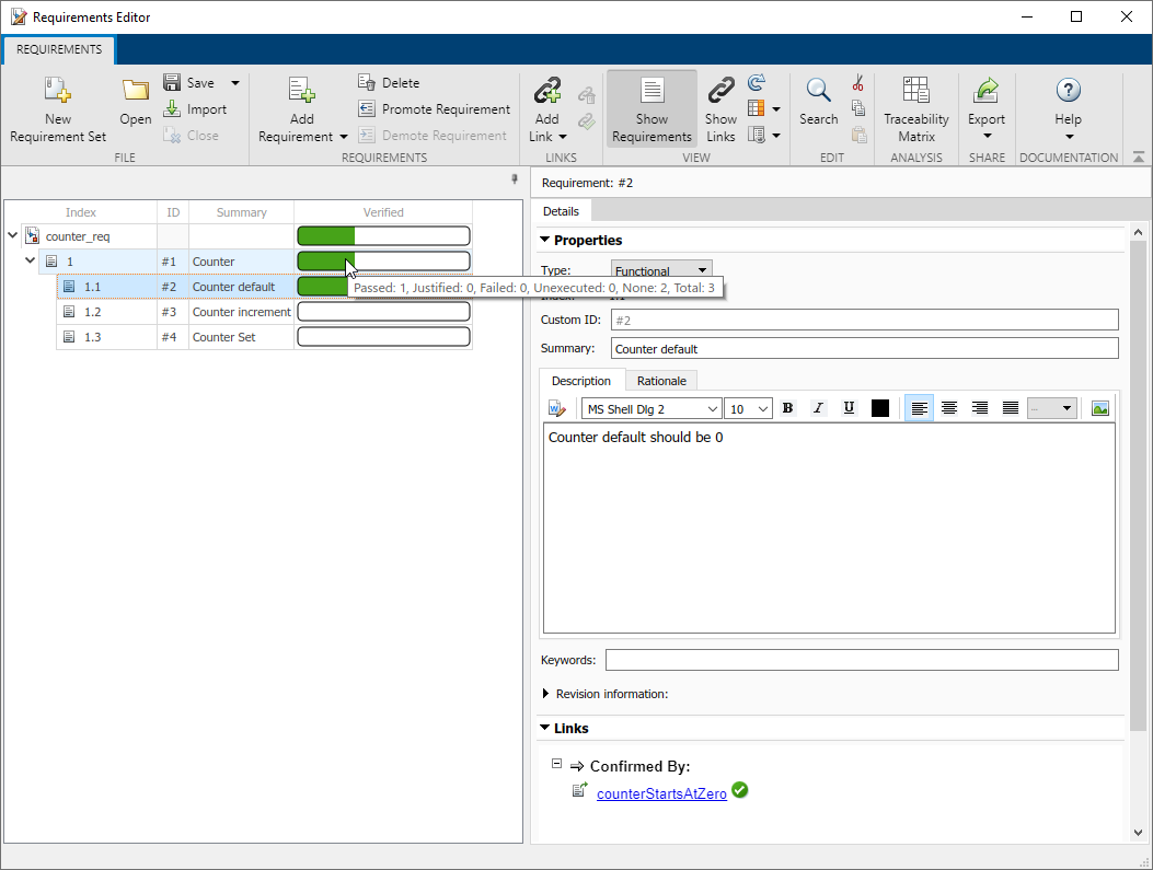 The Requirements Editor shows the requirement set with 3 requirements and one is verified.