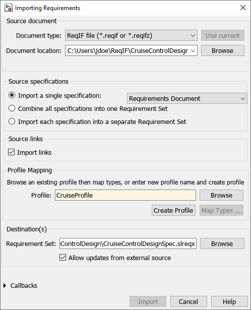 Importing Requirements dialog box showing the Profile Mapping section.