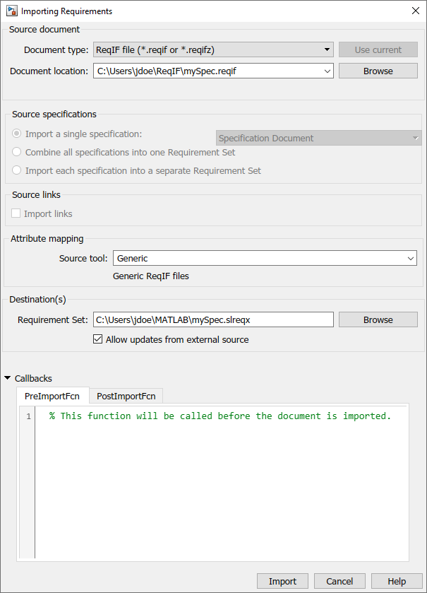 Importing Requirements dialog box with the PreImportFcn and PostImportFcn tabs in view.