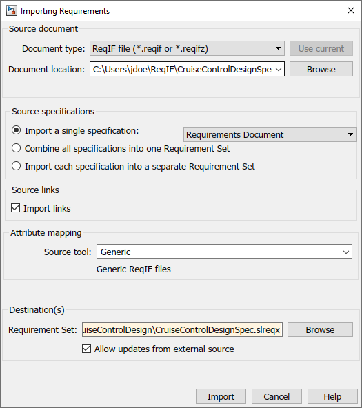 The Importing Requirements dialog is shown with Import links selected.