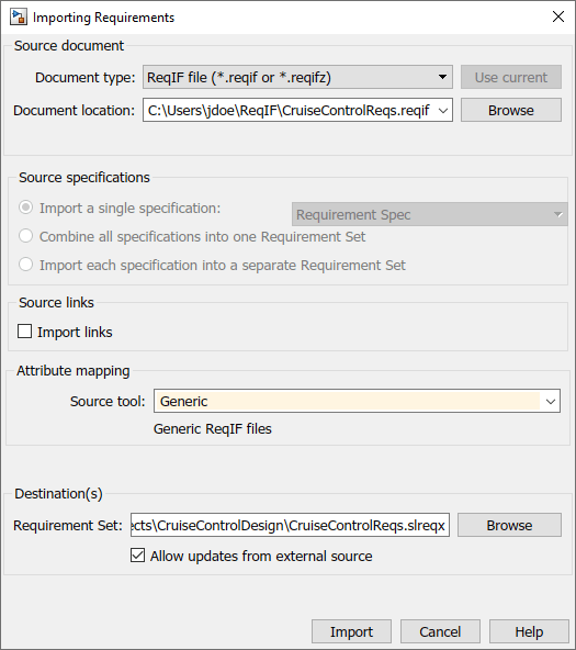 The Importing Requirements dialog is shown with Document type set to ReqIF file, Document location set to CruiseControlReqs.reqif, Attribute mapping set to Generic, and Allow updates from external source selected.