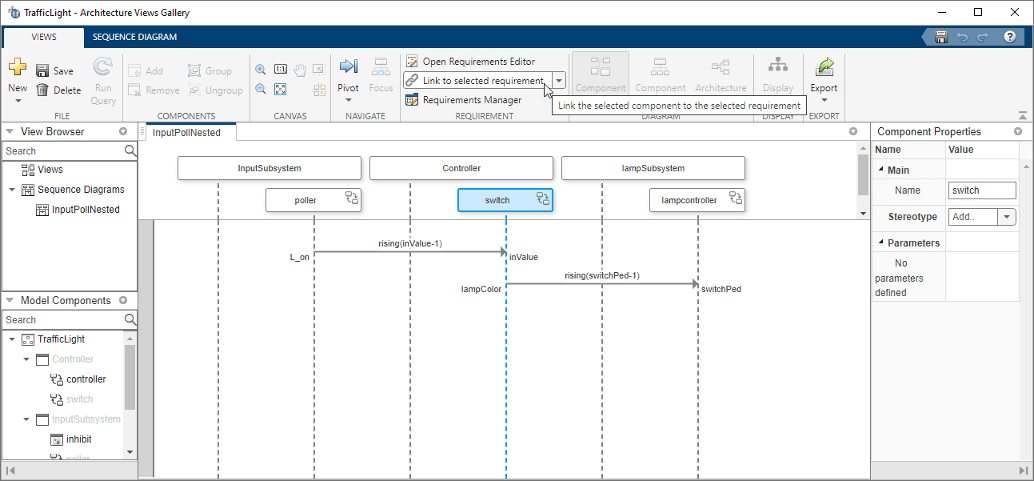 Sequence diagram with an element selected. The mouse indicates the Link to selected requirements button.