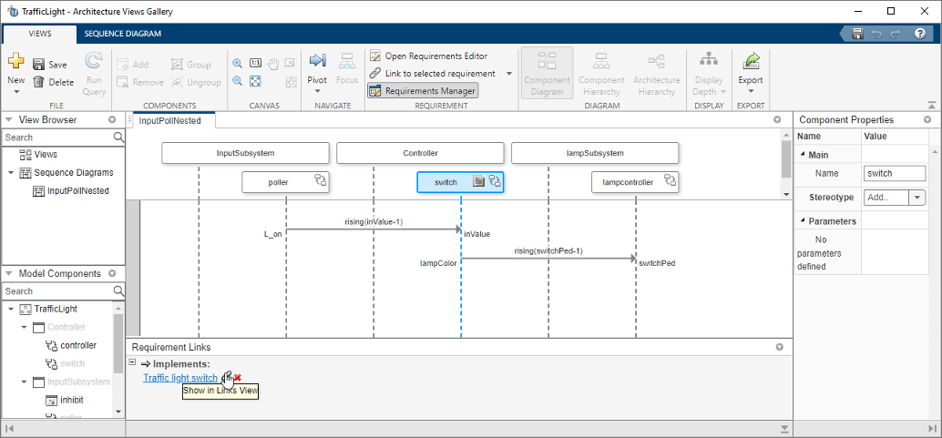 Sequence diagram with the Requirement Links pane at the bottom