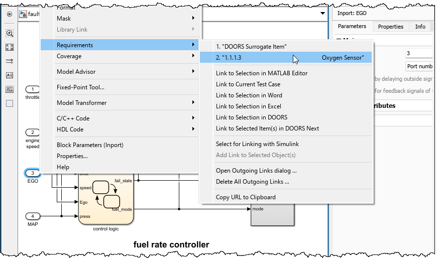 The mouse points to linked requirement "1.1.1.3 Oxygen Sensor" in the Requirements context menu for a Simulink block called EGO.