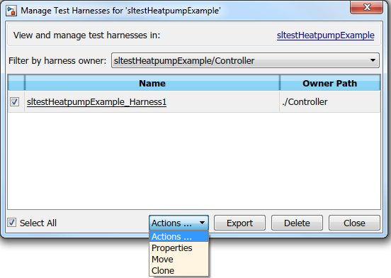 Manage Test Harnesses dialog box Actions menu