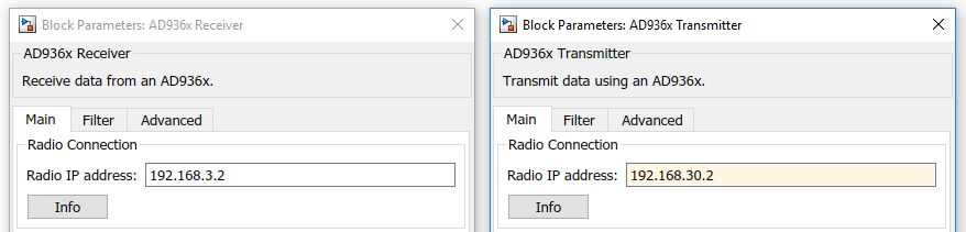 Block Parameters window for AD936x Receiver and AD936x Transmitter. The Radio IP address is in the Main tab