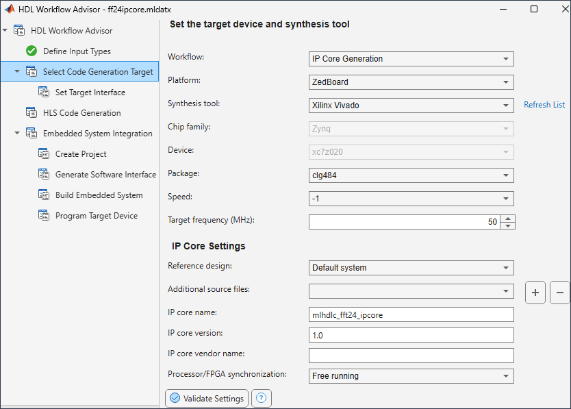 Configure the IP core generation target.